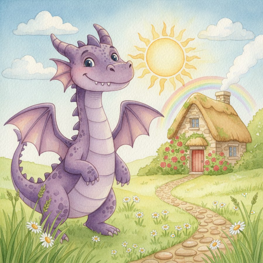The same dragon reimagined as a soft watercolor children's-book illustration