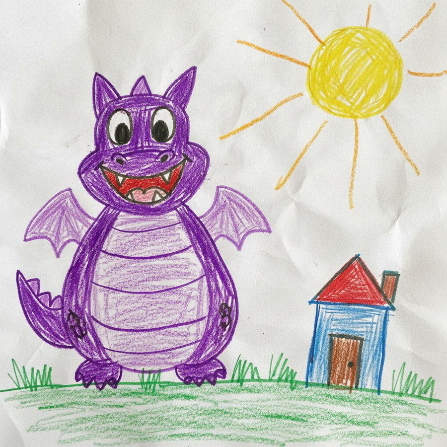 A child's crayon drawing of a friendly purple dragon