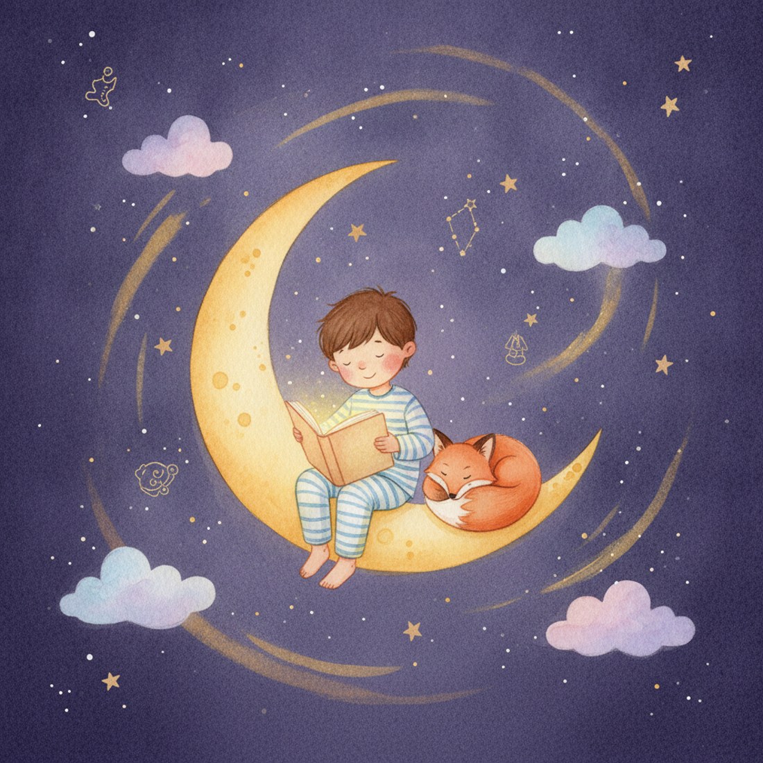 A child in pajamas reading a glowing storybook with a sleepy fox on a crescent moon