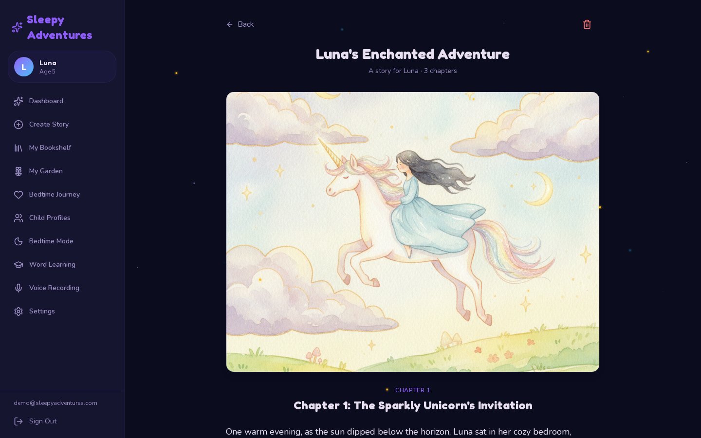 A personalized Sleepy Adventures story with its AI-generated watercolor illustration